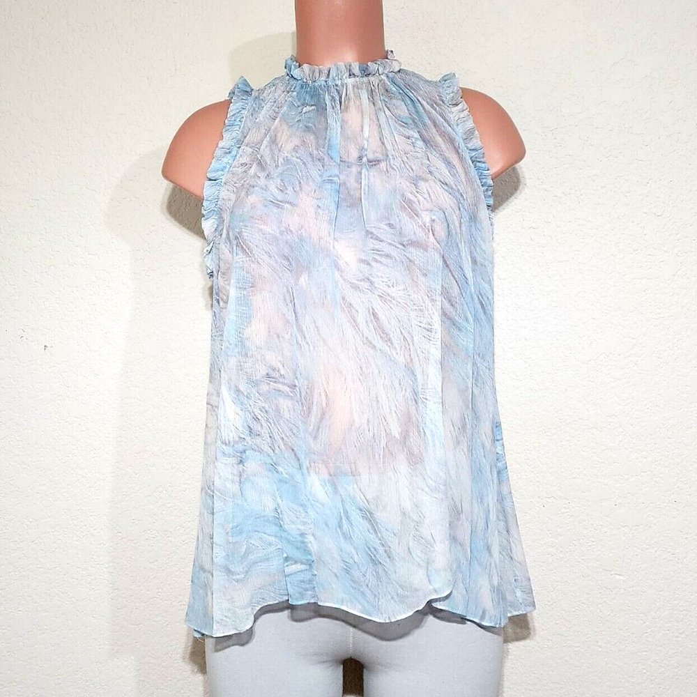 Elie Tahari Sheer Blue Lucy Blouse Silk Ruffled High Neckline Split Back